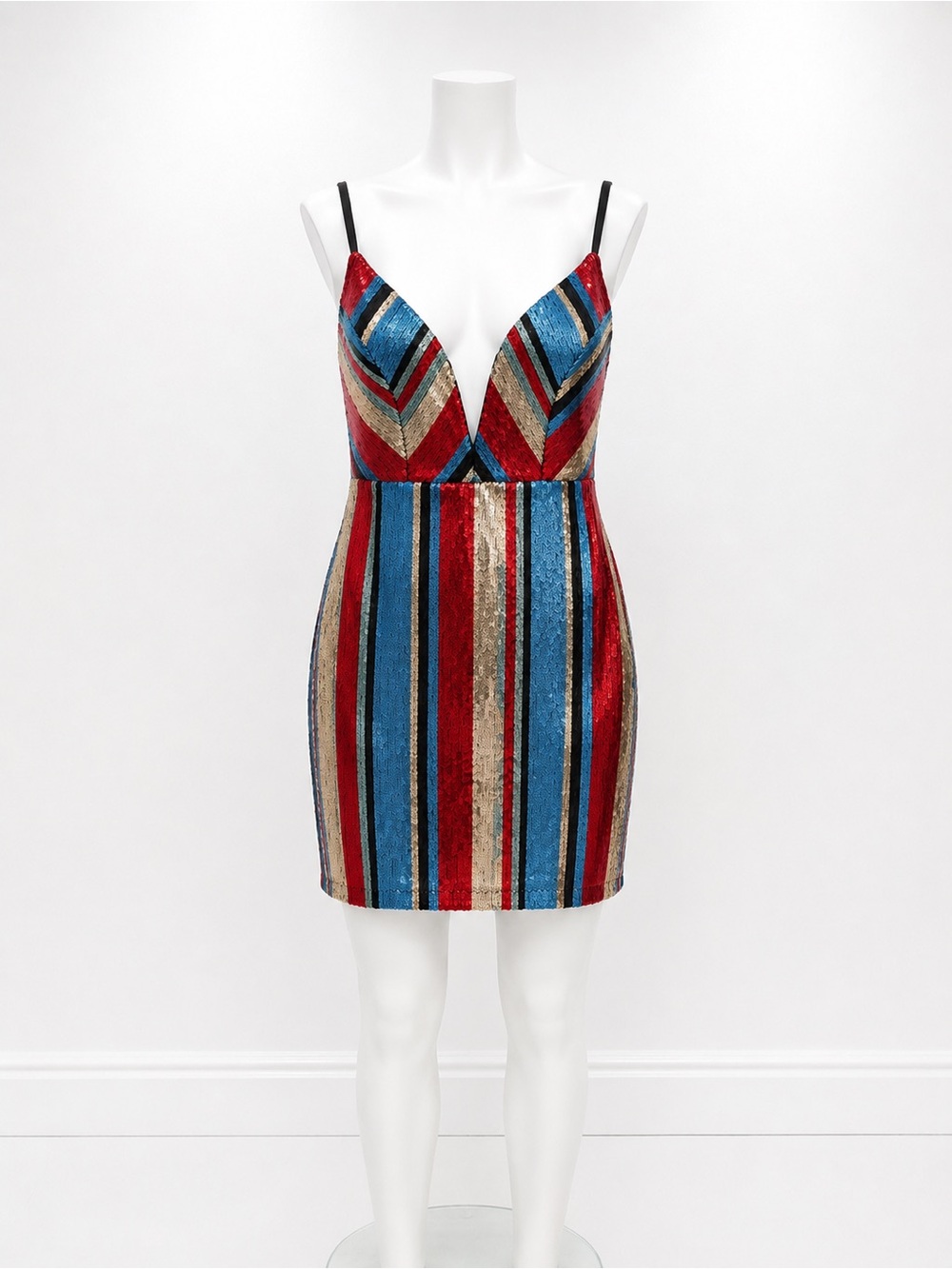 Pink Owl Sequined Striped Plunge Mini Dress - Red Blue Gold
